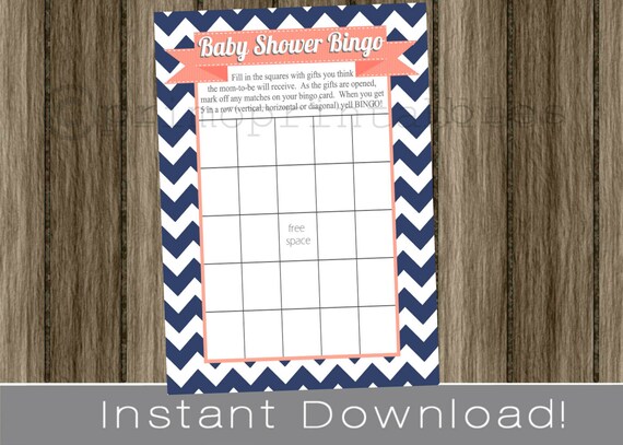 Baby Shower Bingo Game Cards - navy blue chevron and coral - INSTANT DOWNLOAD- diy digital printable file print your own , babyshower Il_570xn