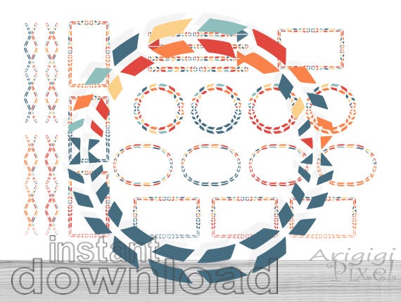 tribal frames clipart set + papers + dividers, circle frames, oval frames, rectangular frames, blue red orange, download Il_570xn