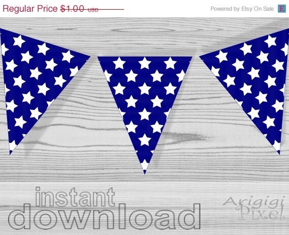 WEEKEND SALE 50% OFF blue pennant with white stars, printable bunting banner, party garland, patriotic, holiday, 4th July Il_570xn