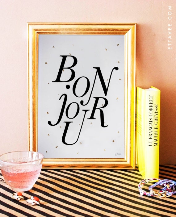 bonjour art print. french art print. french home decor. typographic poster. typography.