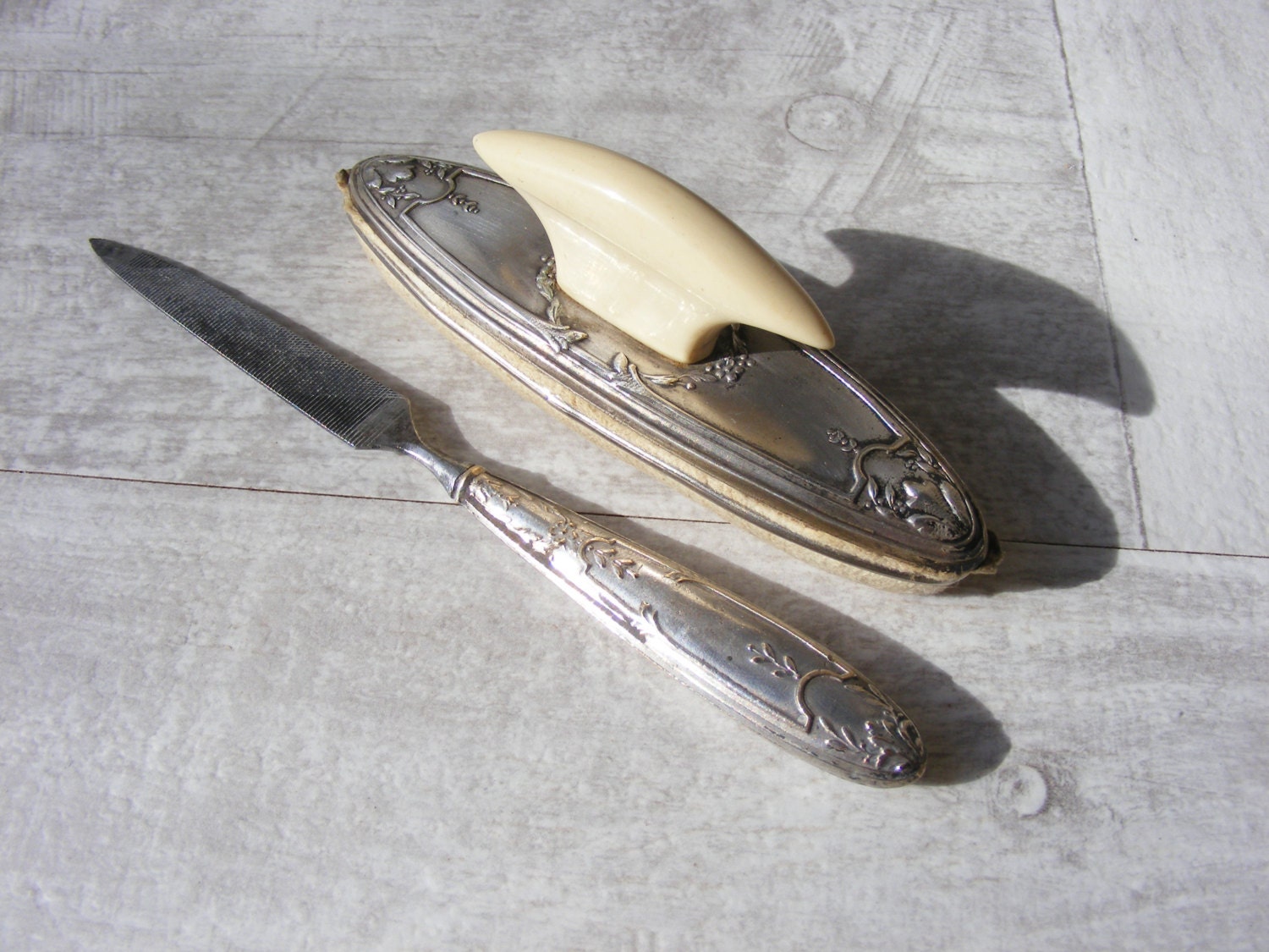 Antique French Bone Nail Buffer and Nail File,Silver Plated Metal