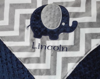 Personalized Baby Blanket, Elephant on Grey Chevron Minky Baby Blanket, Custom Blanket, Made to Order