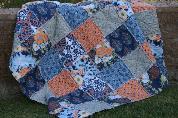 Ready to Ship, Rag Quilt,  Picnic Quilt, 2nd Anniversary, Cotton, Dewberry, Botanique, Blue, Orange, Olive Green, All Natural, Handmade
