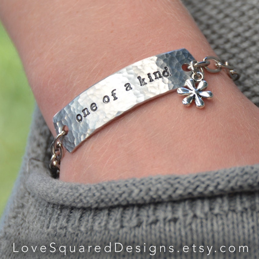 Personalized ID bracelet stamped word by LoveSquaredDesigns
