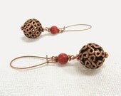 Copper Coral Earrings, Sponge corals, orange red terracota, Art Deco jewelry, vintage inspired long earrings, gypsy bohemian antique copper