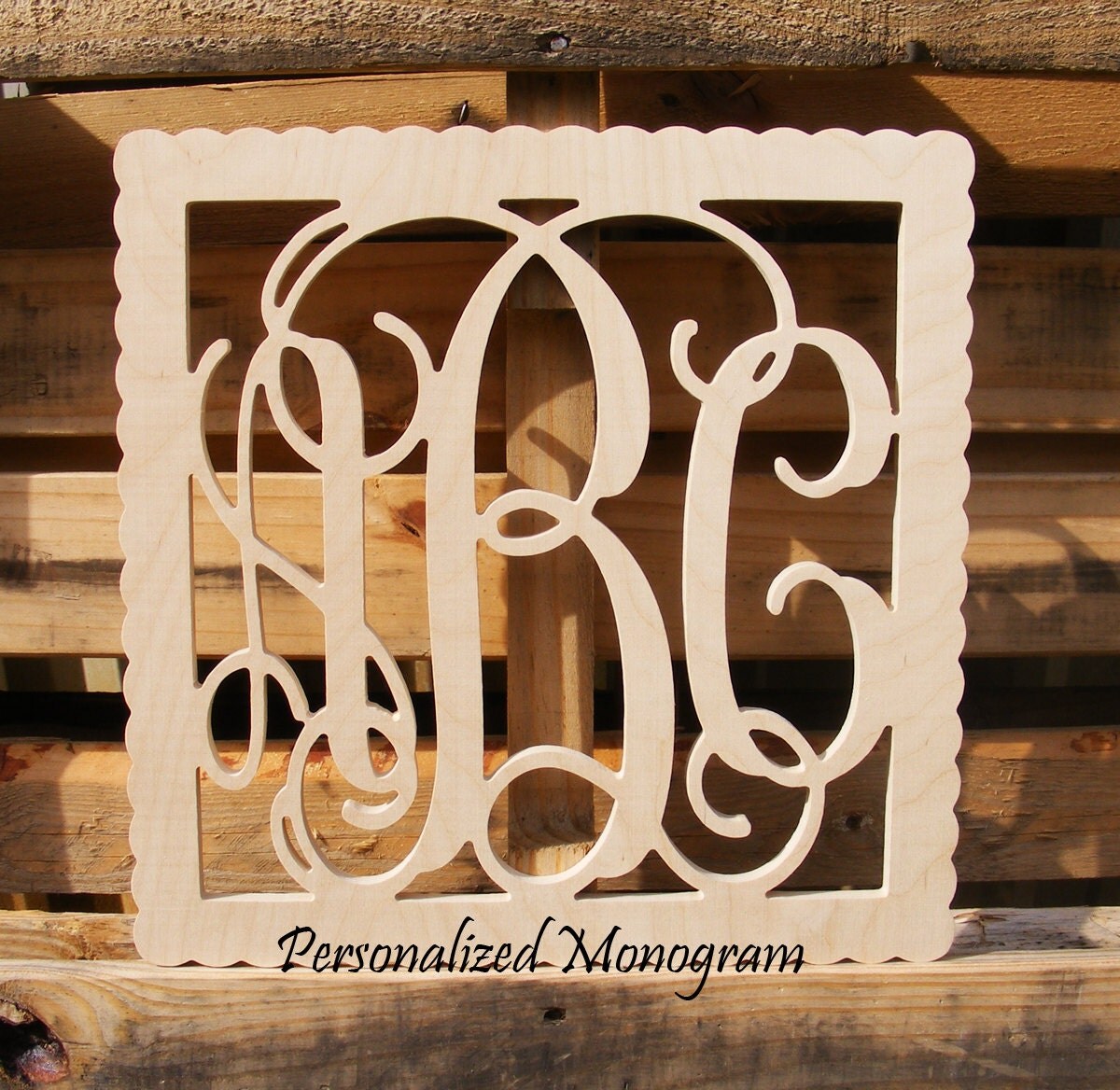 18" Inch Wooden Monogram, Vine Connected 3 letters monogram, with border Scalloped BORDER, UNPAINTED