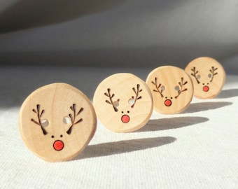 Handmade Reindeer Buttons, Pyrography Wood Button, DIY Christmas Ideas 4pce 1" or 25mm