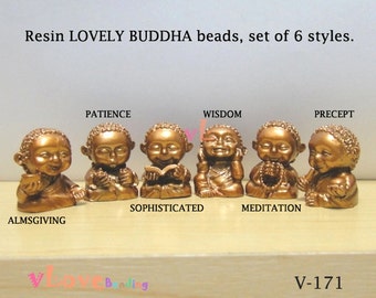 Resin LOVELY BUDDHA beads, set of 6 styles. 19 x 23mm.(V-171)