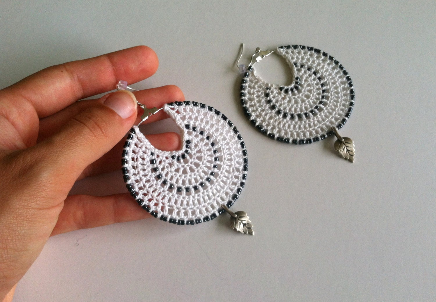 White Crochet Doily Earrings Leaf Pattern Bohemian Jewelry