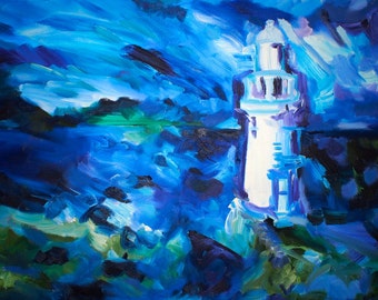 Original Art Print. Lighthouse ocean scape blue purple green sky teal original oil painting by BrandanC