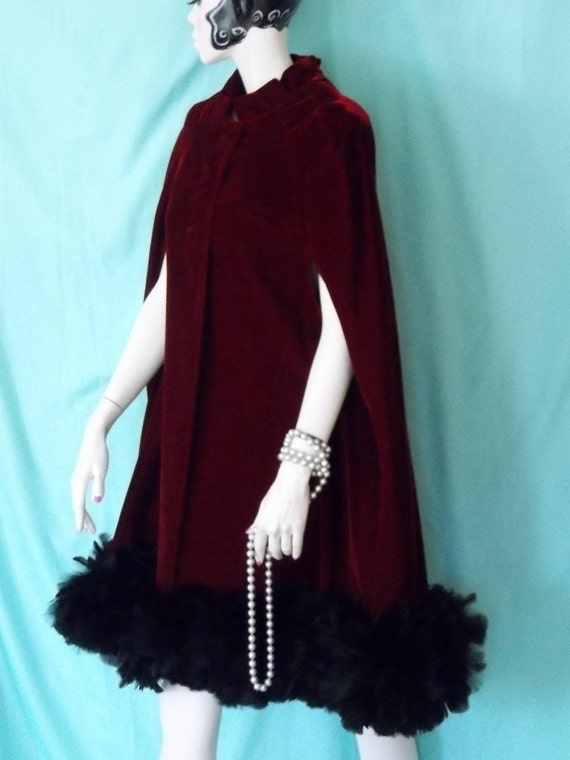 SPECTACULAR 1960's Red Velvet Opera Cape Trimmed with Sumptuous Black Feather Boa Outrageous OOAK