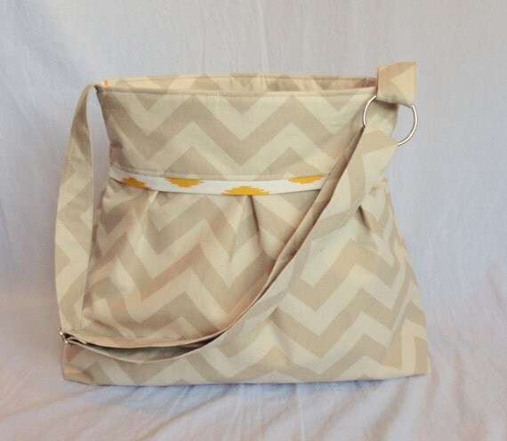 Pleated Diaper Bag large in tan and natural chevron with