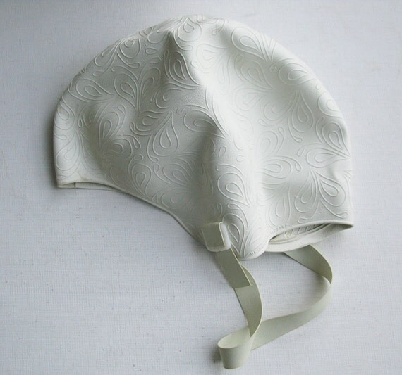 vintage bathing swim cap white rubber with snap chin strap