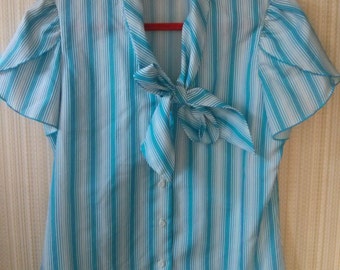 Vintage Mod White and Blue Sriped Blouse