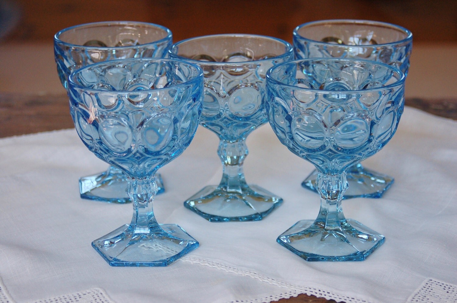 Fostoria Moonstone Glass Goblets Set of 5 Blue Wine Champagne
