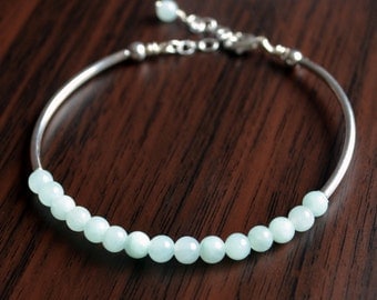 Mint Green Jewelry, Jade Bangle, Stacking Bracelet, Smooth Beads, Silver Plated, Beaded, Adjustable Size