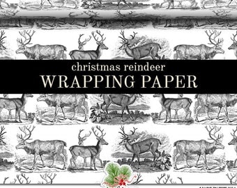 Christmas Wrapping Paper Roll | Vintage Reindeer Christmas Custom Gift Wrap In Two Sizes. More Color Combinations Available