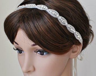 Ready to ship- Wedding Hair Accessory, Beaded Headband, Bridal Headband, Crystal Ribbon Headband, rhinestone headband, hair accessories