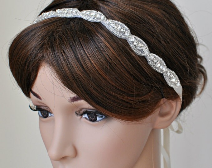 Ready to ship- Wedding Hair Accessory, Beaded Headband, Bridal Headband, Crystal Ribbon Headband, rhinestone headband, hair accessories