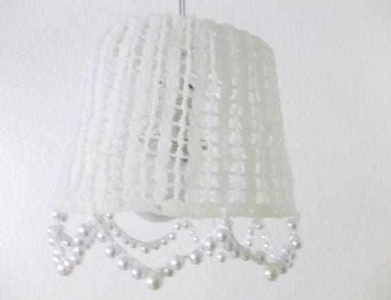 Crochet Hanging Lamp Shades in a White Color with hanging pearls