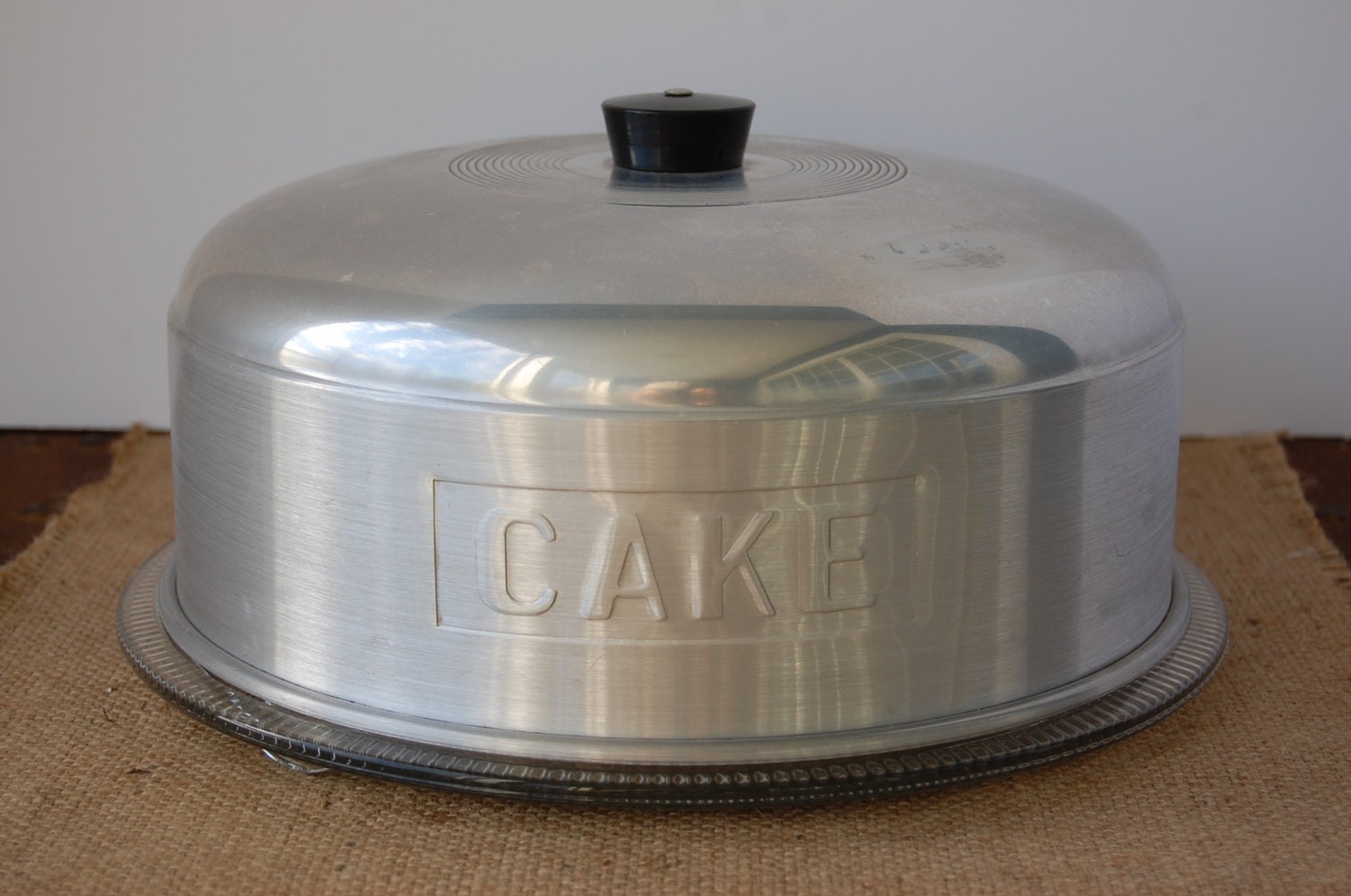 Vintage 1950's Cake Plate Aluminum Top Ribbed Glass