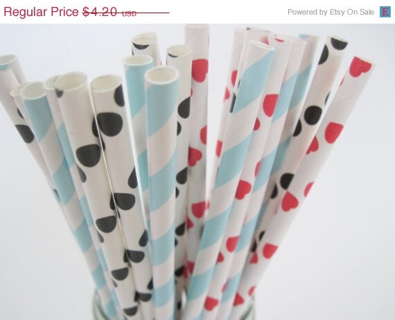 15% off - 25 Alice in Wonderland Paper Straw Mix - Red Heart, Black Dot, light Blue Stripe - ships less than 24 hours Il_570xn