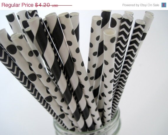 10% off - 25 Black and White Straw Mix -Dot, Stripe, Chevron - ships less than 24 hours Il_570xn