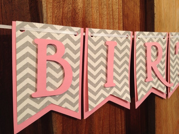 Pink and Grey chevron Birthday Banner Happy Birthday Banner