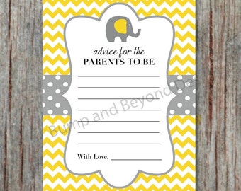 Yellow Grey Elephant Baby Shower Advice Cards for New Parents Chevron Printable Digital PDF Instant Download 5x7 - 008
