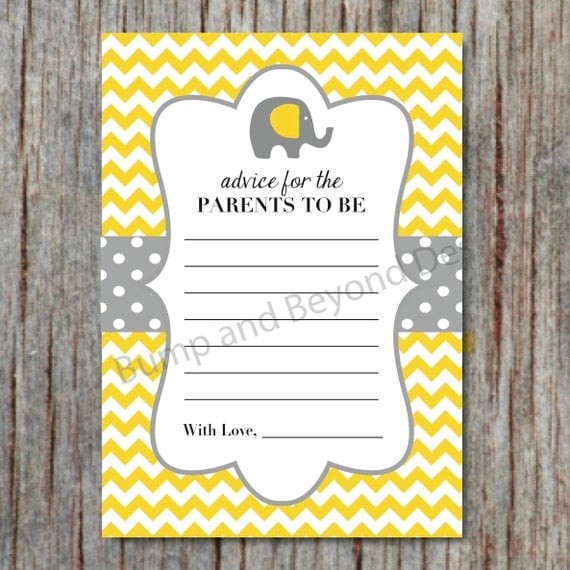 Items similar to Yellow Grey Elephant Baby Shower Advice Cards for New Parents Chevron Printable 