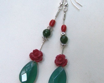 Unique charming dangle earrings made of green jade drop and resin burgundy (bordeaux, red) rose.