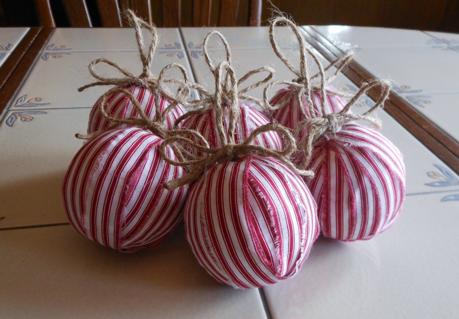 Red or Green Fabric Rag Ball OrnamentsSet of 6