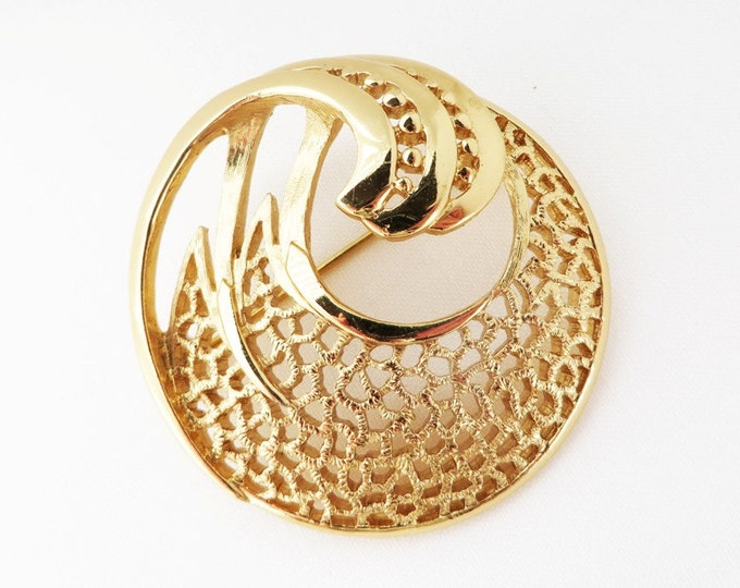 Circle Pin, Vintage Monet Brooch, Goldtone Circle Brooch, Openwork Swirl Pin, Signed Monet Vintage Jewellery, Gift for Her