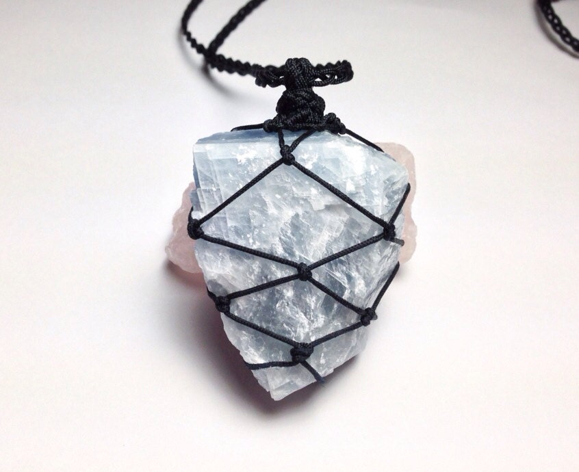 Raw Blue Calcite Necklace Blue Calcite Macrame Necklace