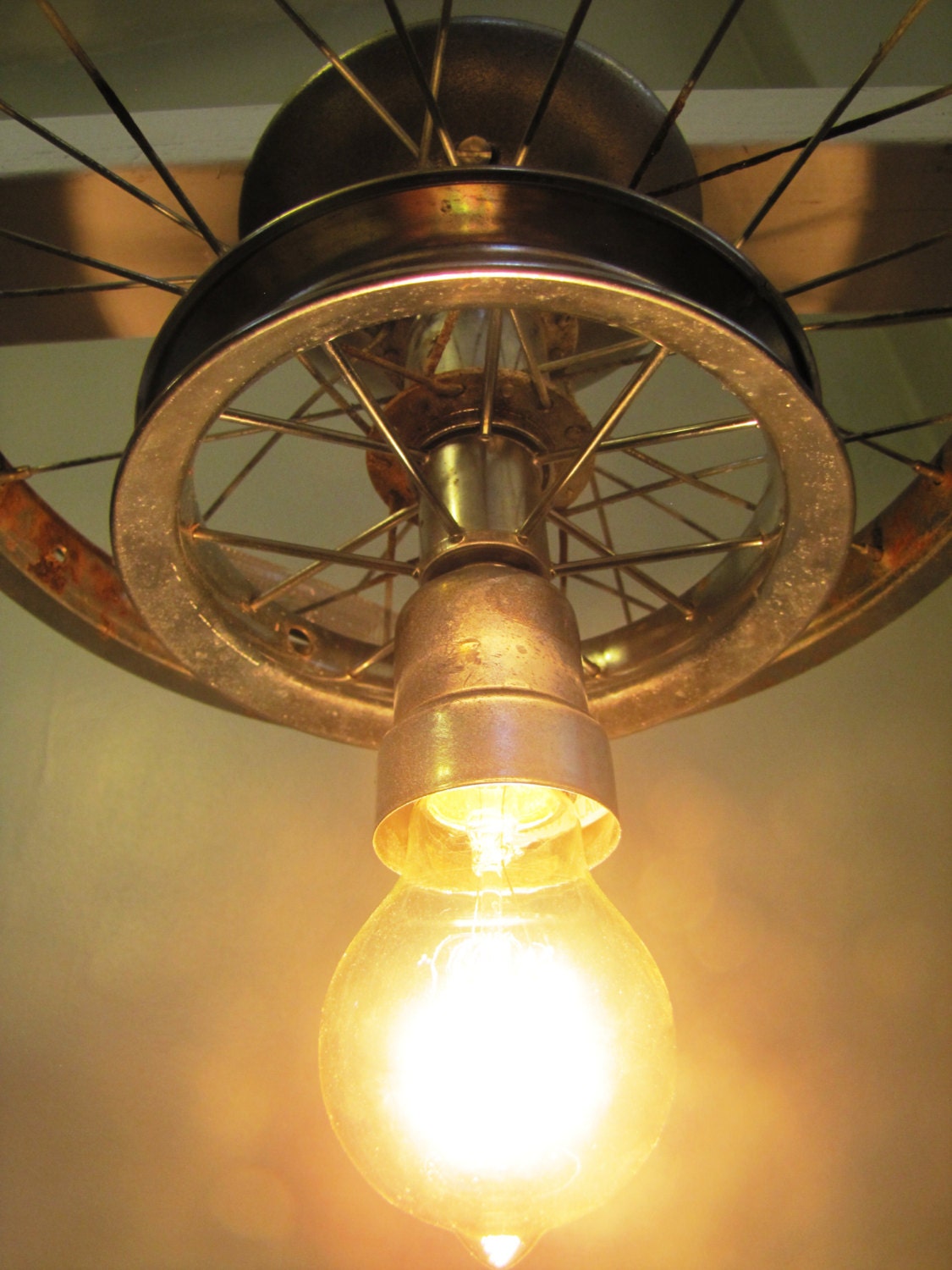 Hanging Ceiling Light Made From 2 Repurposed Bike Tire Rims