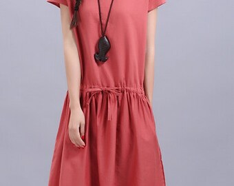 red linen dress loose Women red Sundress linen Short Sleeve Loose Fit ...