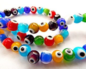 Lampwork Glass Evil Eye Beads, Evil Eye Bead Strand, Lampwork Beads, 8mm Glass Beads, Mixed Color Beads, Strand of 48 Glass Bead Rounds