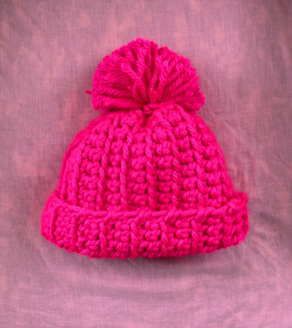 Items similar to Neon Hot Pink Hand Crocheted Winter Hat With Fun ...