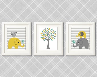 Yellow grey and teal elephant nursery Art Print Set - elephant family, baby elephant, aqua, striped, tree - UNFRAMED