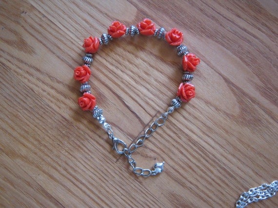 Beautiful Handmade Silver Bracelet with Orange Resin Roses, Adjustable