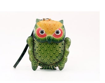 Genuine Leather Owl Wristlet / Owl Coin Purse / Green Owl / Wallet