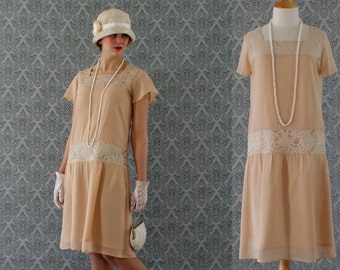 Dark beige high tea flapper dress with short ruffled sleeves, Downton Abbey dress, 1920s flapper dress, Great Gatsby dress, robe Charleston