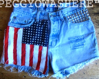 Vtg high waist Cut offs denim shorts studs American Flag moto PEGGYOWASHERE design