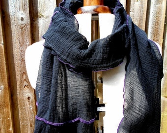 Up-cycled cotton scarf/ Long black cotton scarf/ Women's black scarf/ Purple trim