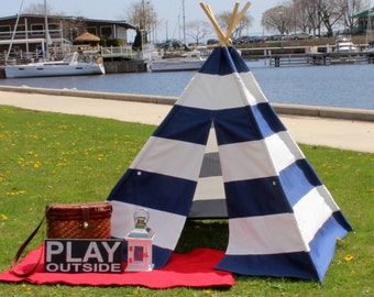 Blue Stripe Kids Teepee Tent, Can Include Window, Ready to Ship, Canvas Teepee, Playhouse, Kids Tee Pee Tee Pee, Kids Teepee, Teepees, Tent