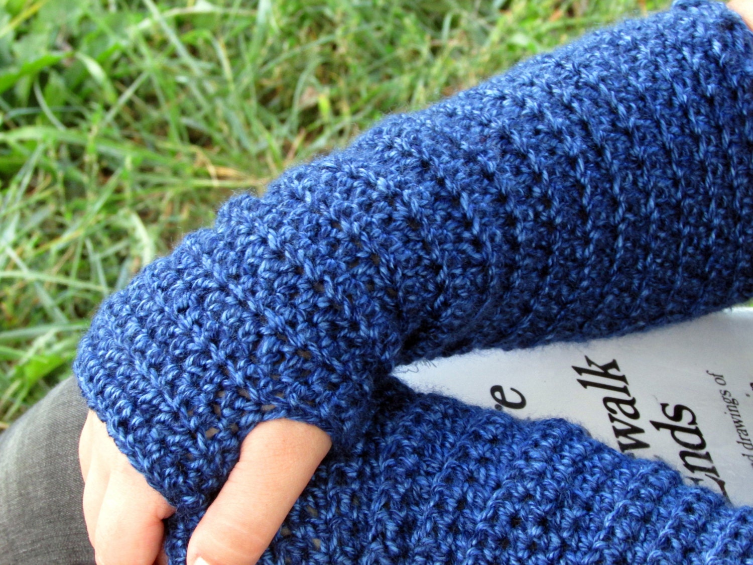Blue Hand Warmers Long Crochet Arm Warmers Slouchy