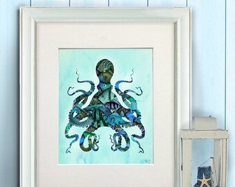 Blue Fishy Octopus Illustration, Nautical Print Art Illustration Poster Digital Print Nautical Wall Art Wall Décor Hanging Beach House