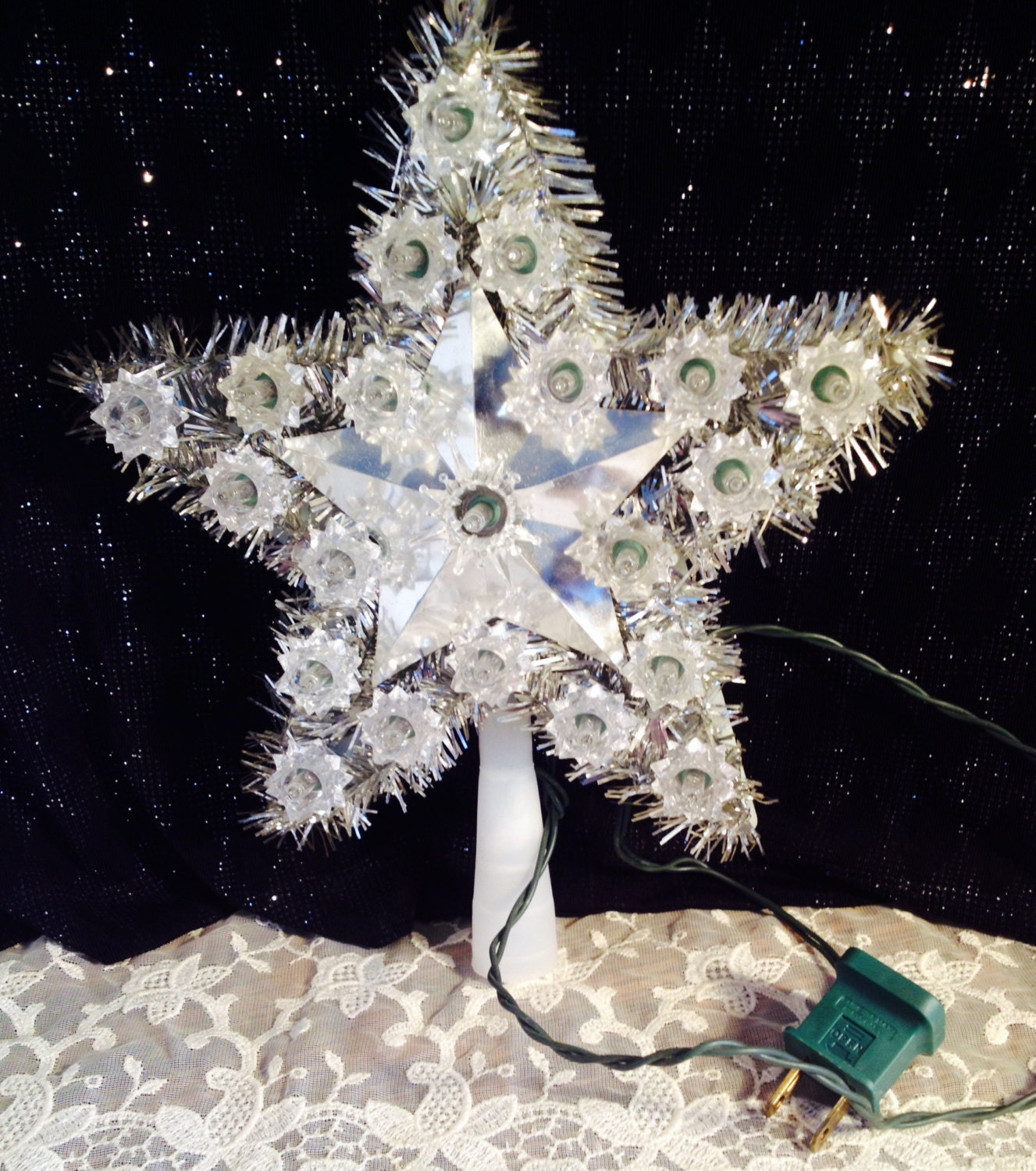 Vintage Star Shaped Lit Tinsel Tree Topper 21 Lights and lots