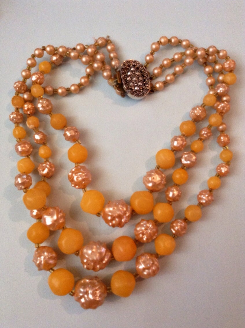 Vintage Kitsch Mid Century Multi Strand Yellow And Pink Early Plastic