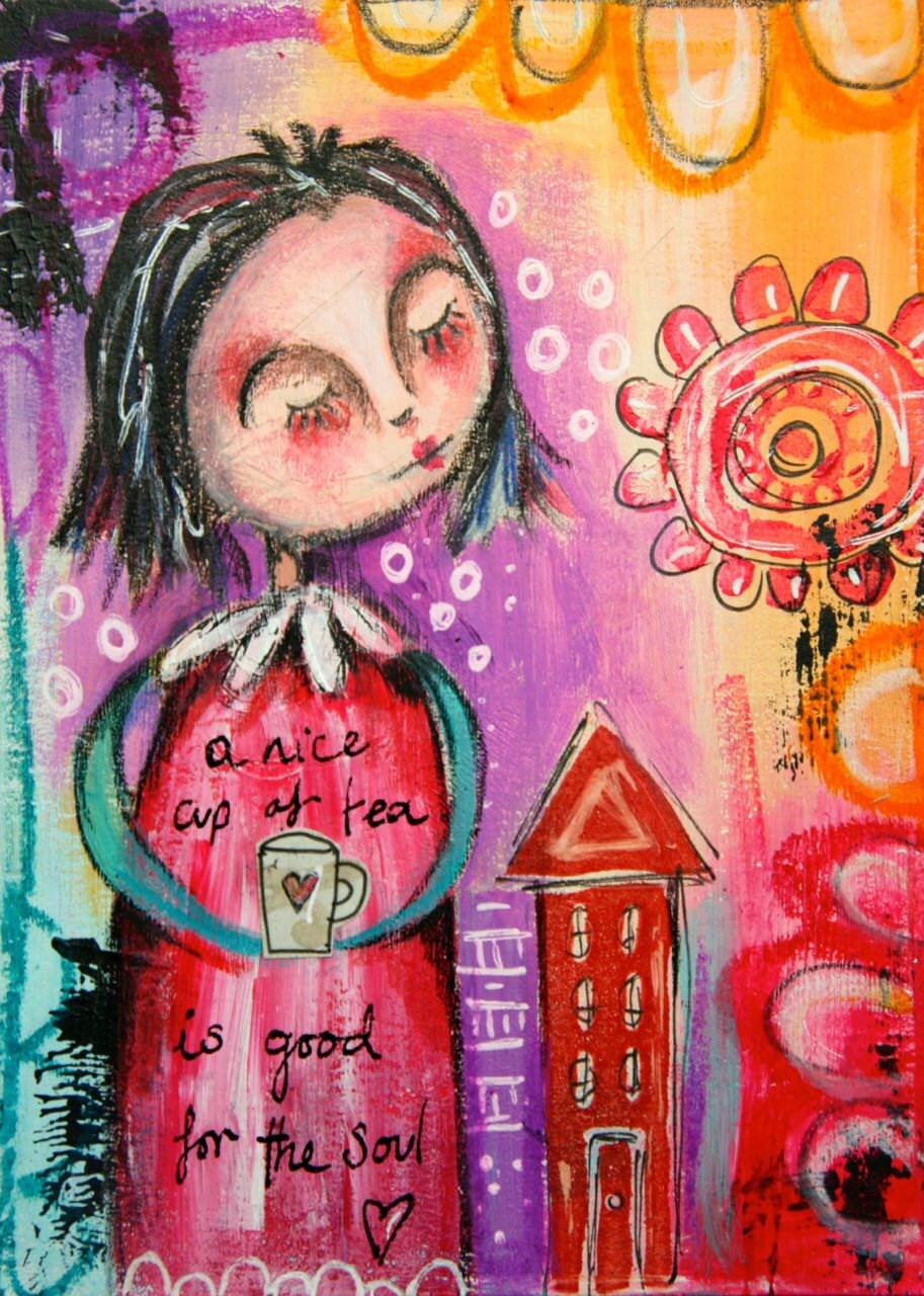 Original mixed media art whimsical girl by TheKathrynWheel